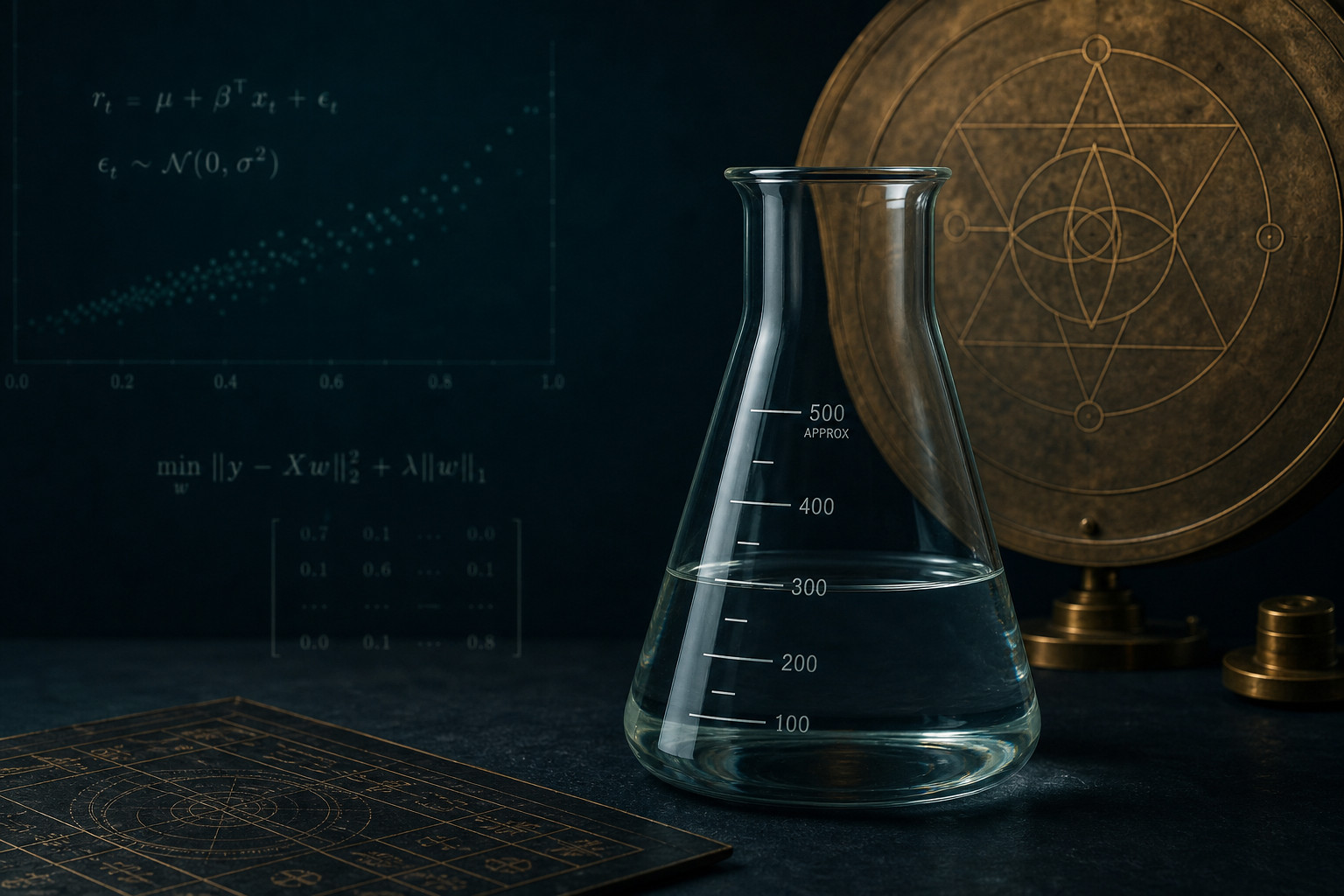 Laboratory glassware set against quantitative notation and a brass alchemical instrument.